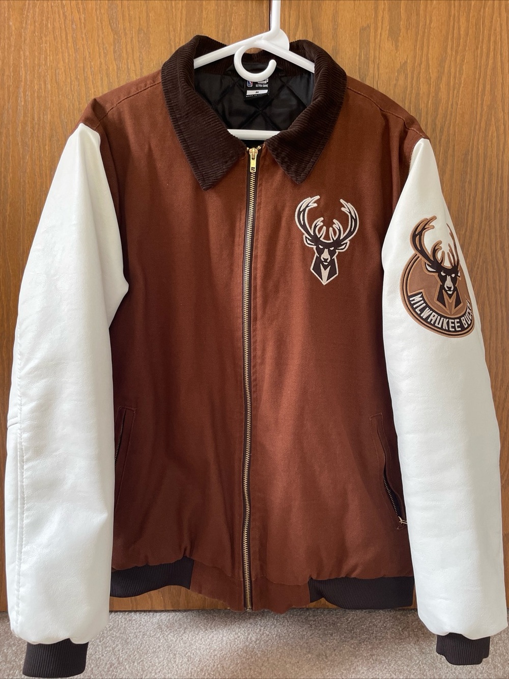 Milwaukee Bucks NBA Men's Brown and White Leather Varsity Jacket- Men’s Size M